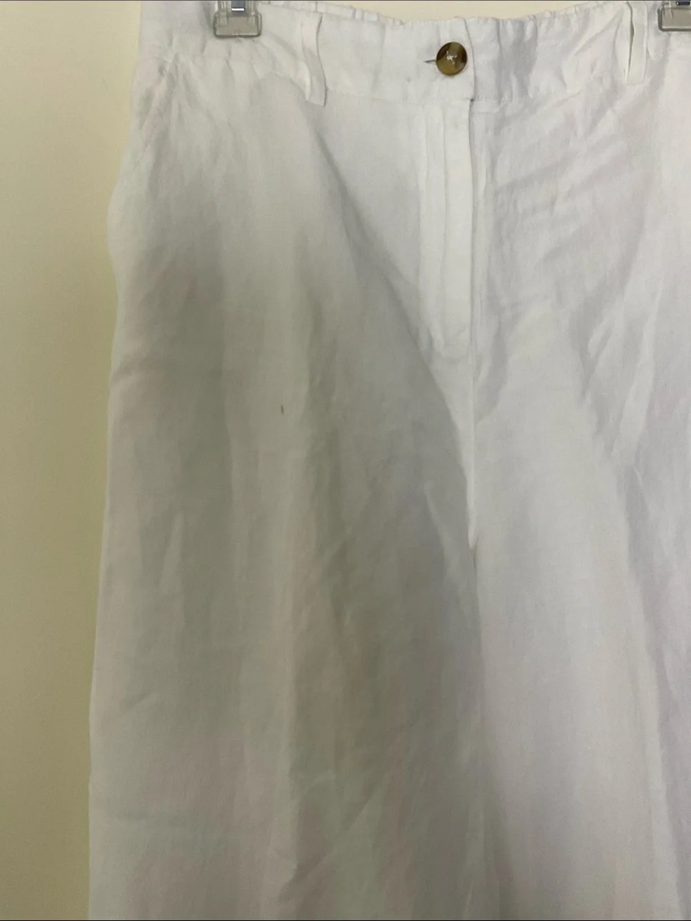 Boston Proper White Wide-Leg Cotton-Linen Chinos Side Slit